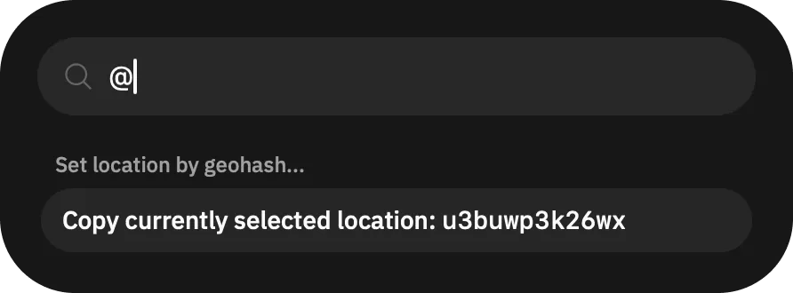 “Set location by geohash...” sub-menu of the popup with “Copy to clipboard” action