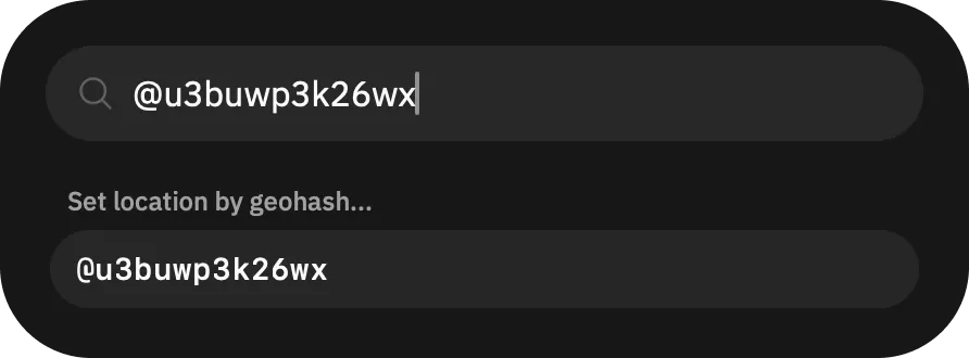 “Set location by geohash...” sub-menu of the popup